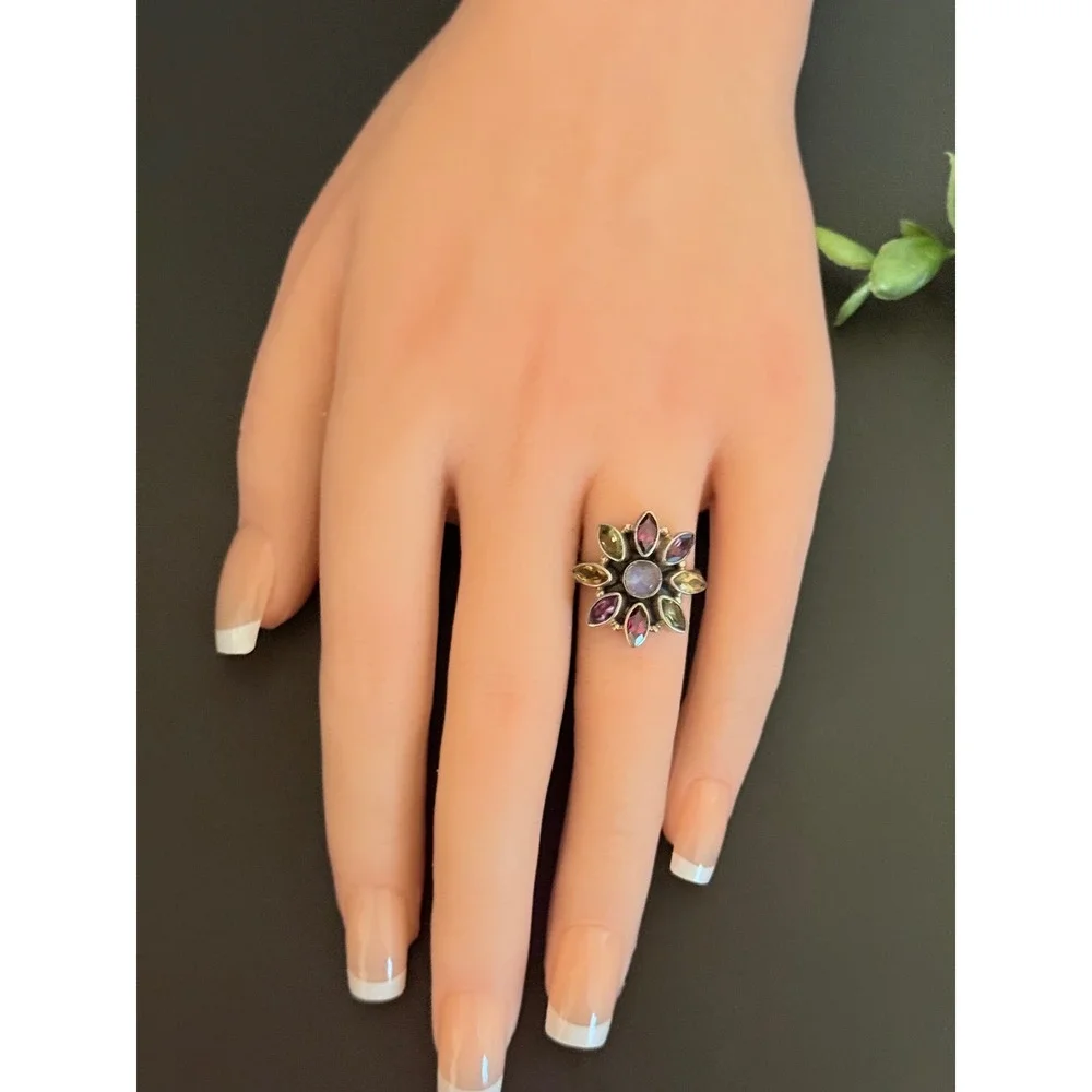 Nicky Butler Sterling Silver Multi-Gemstone Moonstone Flower Ring‎ Size 7